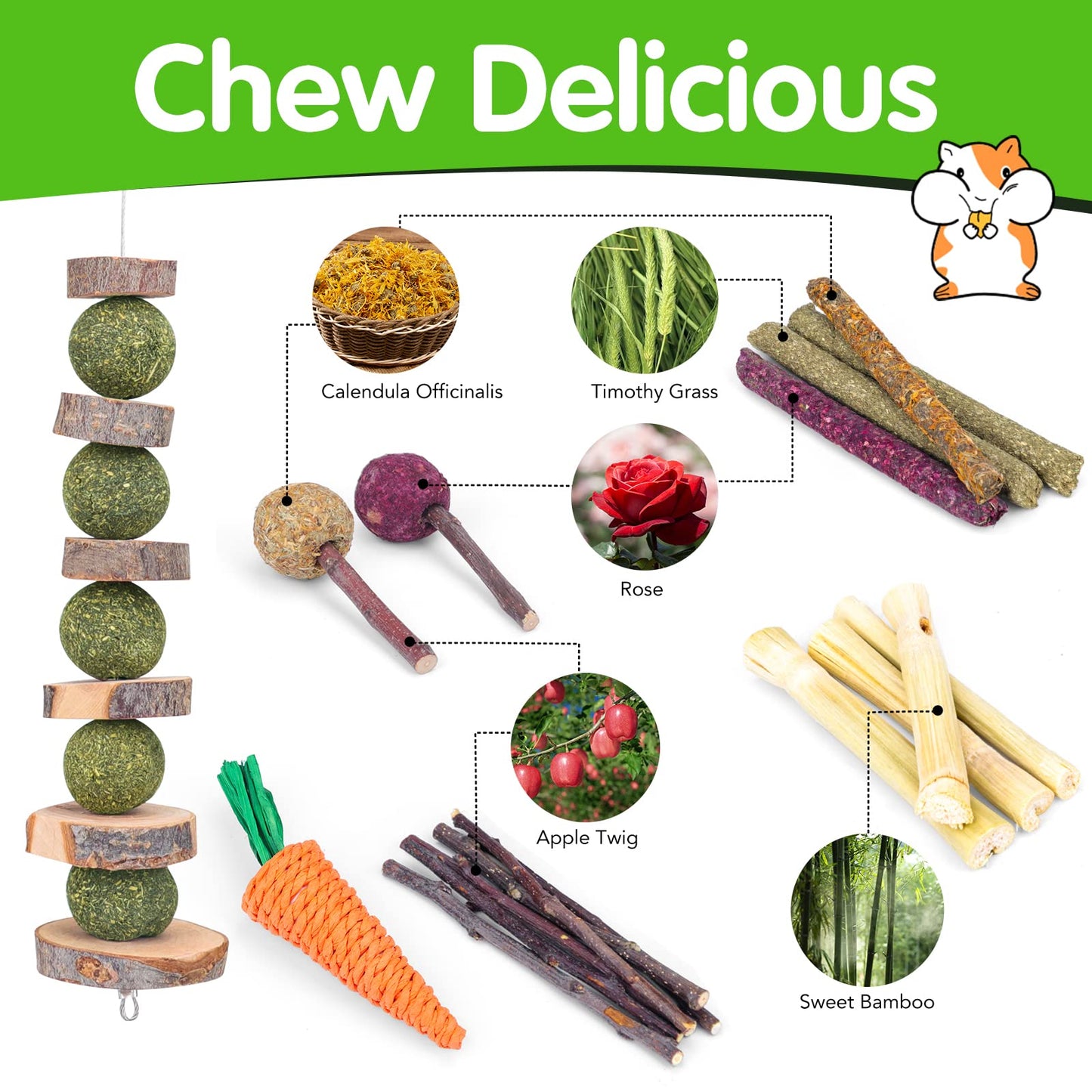 VESPRO Bunny Teys for Rabbits Hamster/Guinea Pig Toys Natural Timothy Hay Sticks chew Treats and Balls for Rabbit, Bunny, chinehila, Guirea Pig, Hamster, Bunny Teeth Care