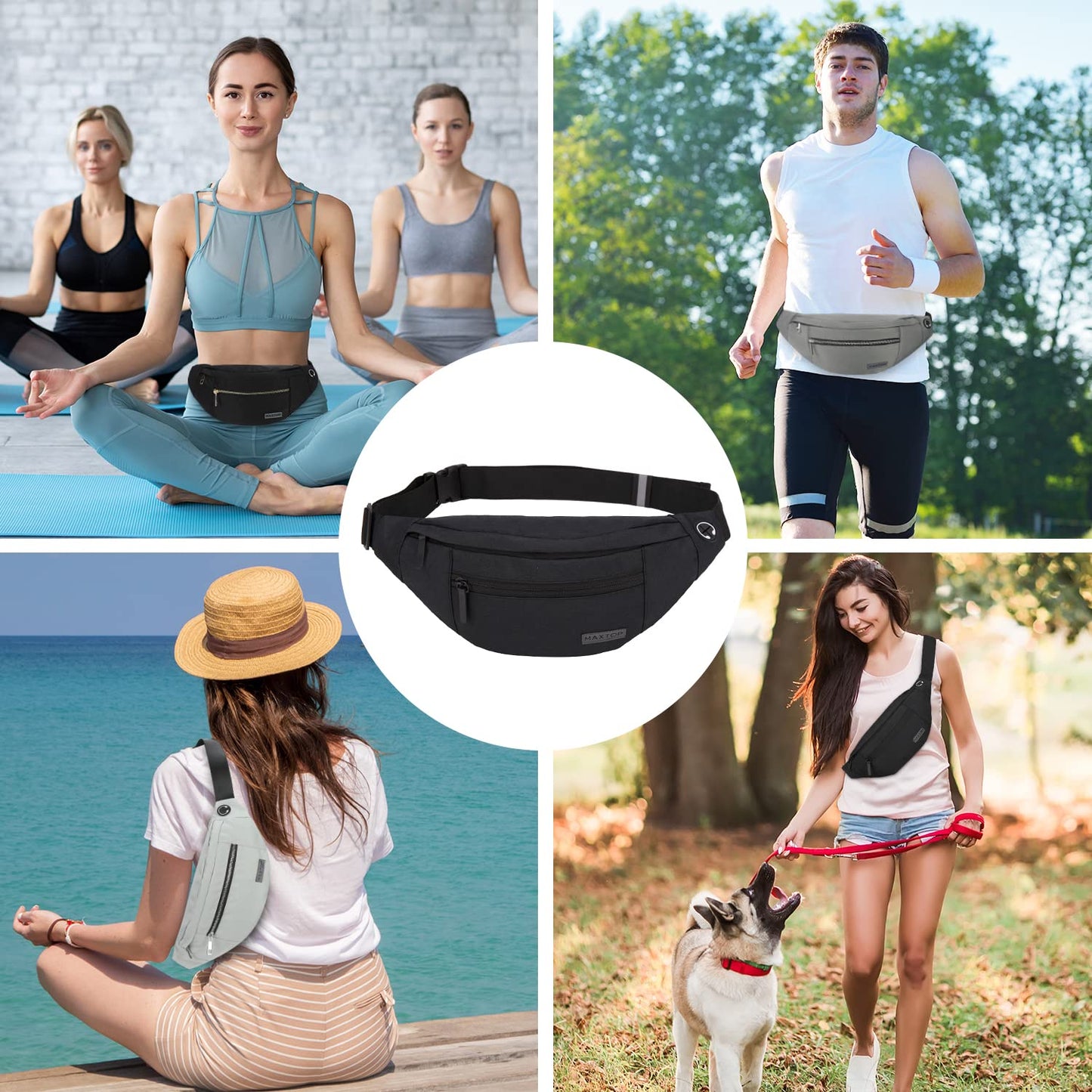 MAXTOP - Cangurera cruzada grande con 4 bolsillos con cremallera, ideal para eventos deportivos, festivales, entrenamiento, viajes, correr y uso informal, bolsa manos libres para cartera y teléfono
