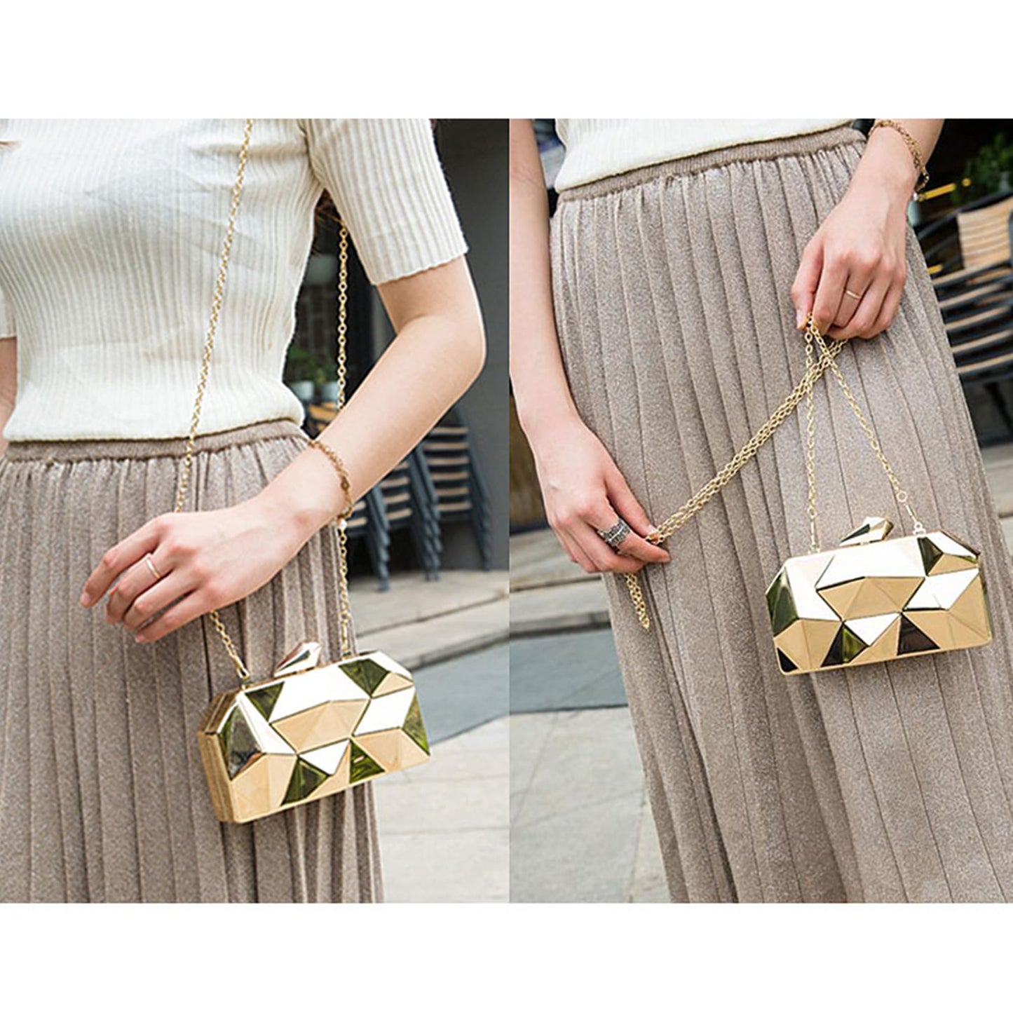 Reberomantic Bolso de mano de metal con patrón de celosía para mujer