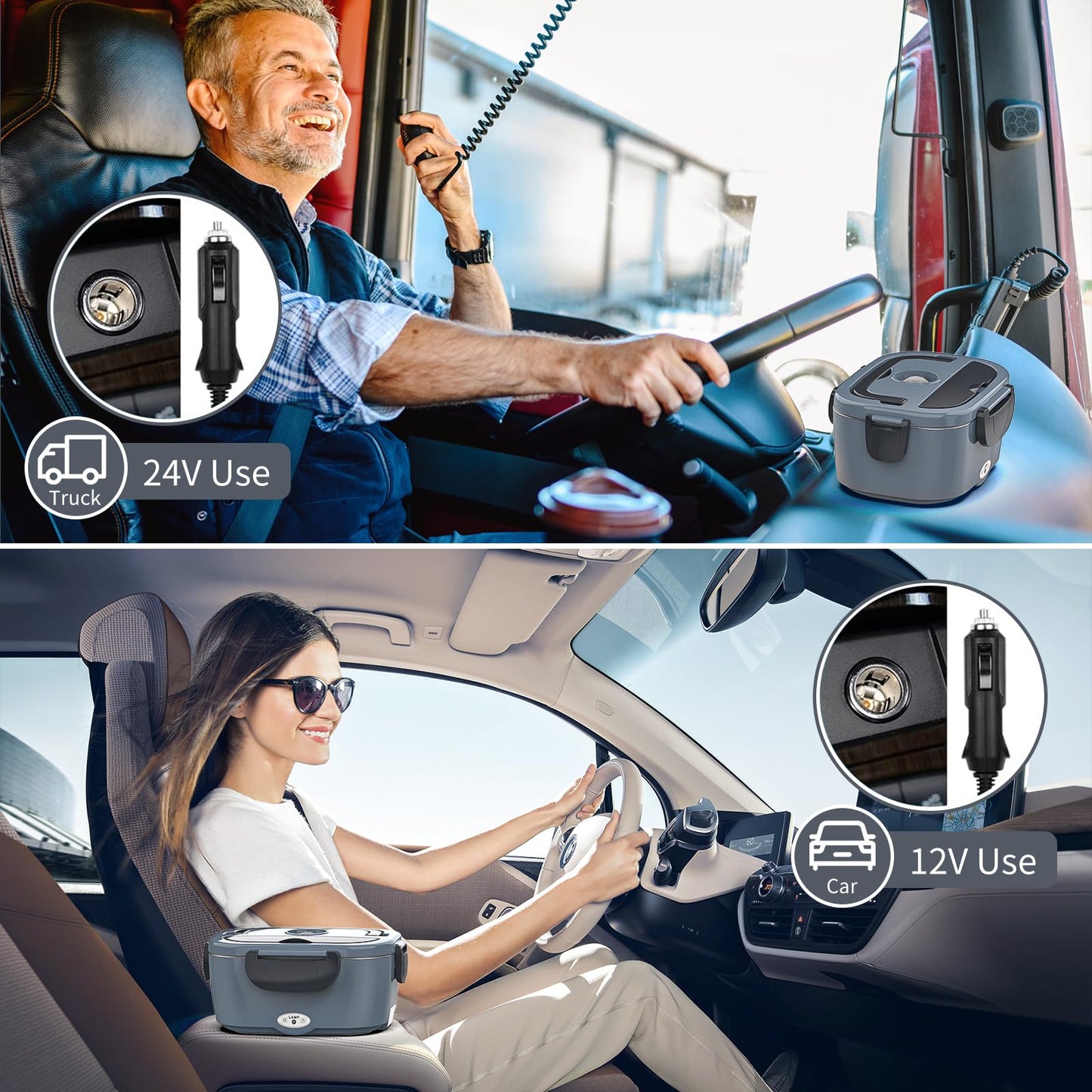 Vingud Fiambrera eléctrica, calentador de alimentos, 3 en 1 para el trabajo, coche, camión, fiambreras térmicas para adultos con recipiente de acero inoxidable de 1.5 L, 12 V, 24 V, 110 V (gris+negro)