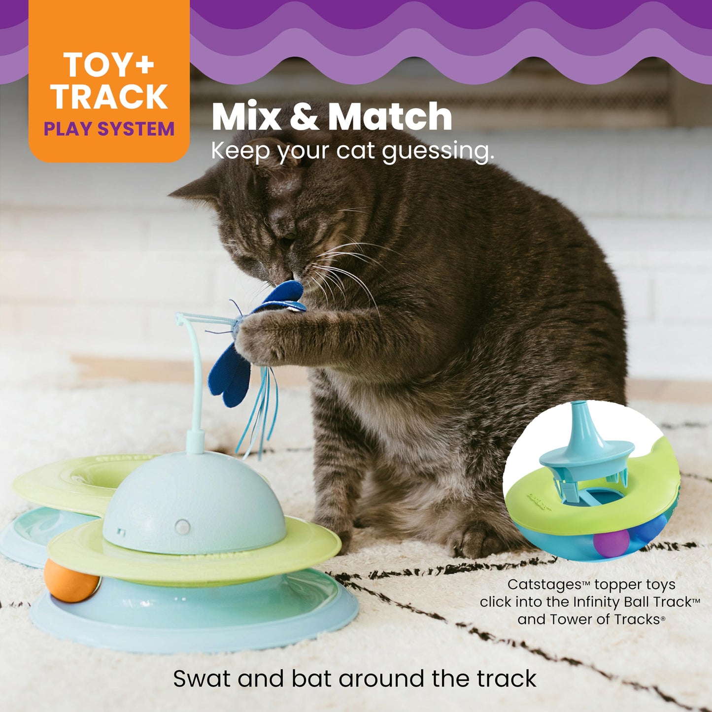 Catstages Infinity Ball Track for Cats with Two Balls, Including One Light-Up-Ball, Figure-8 Shaped Track Compatible with Topper Toys, Green