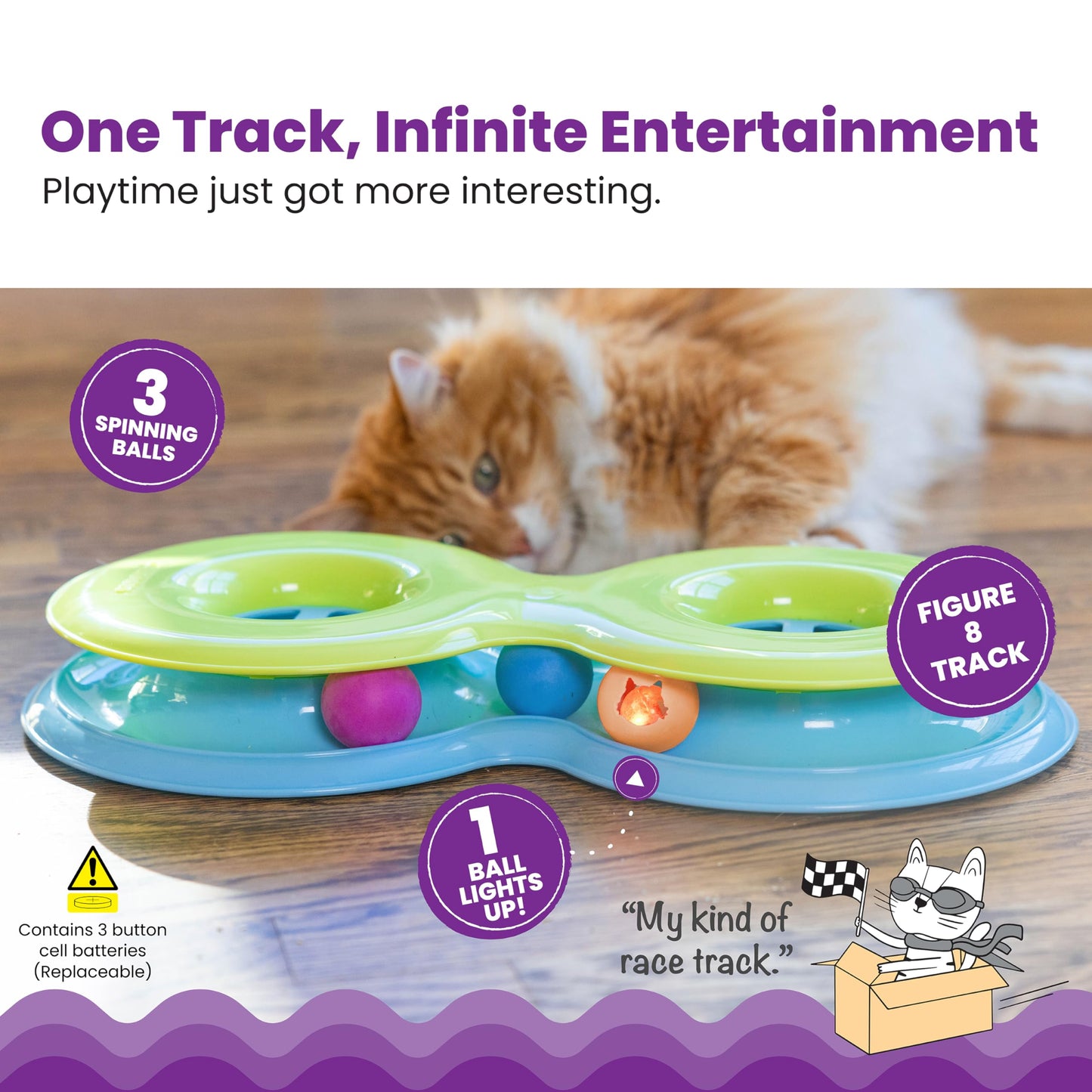 Catstages Infinity Ball Track for Cats with Two Balls, Including One Light-Up-Ball, Figure-8 Shaped Track Compatible with Topper Toys, Green