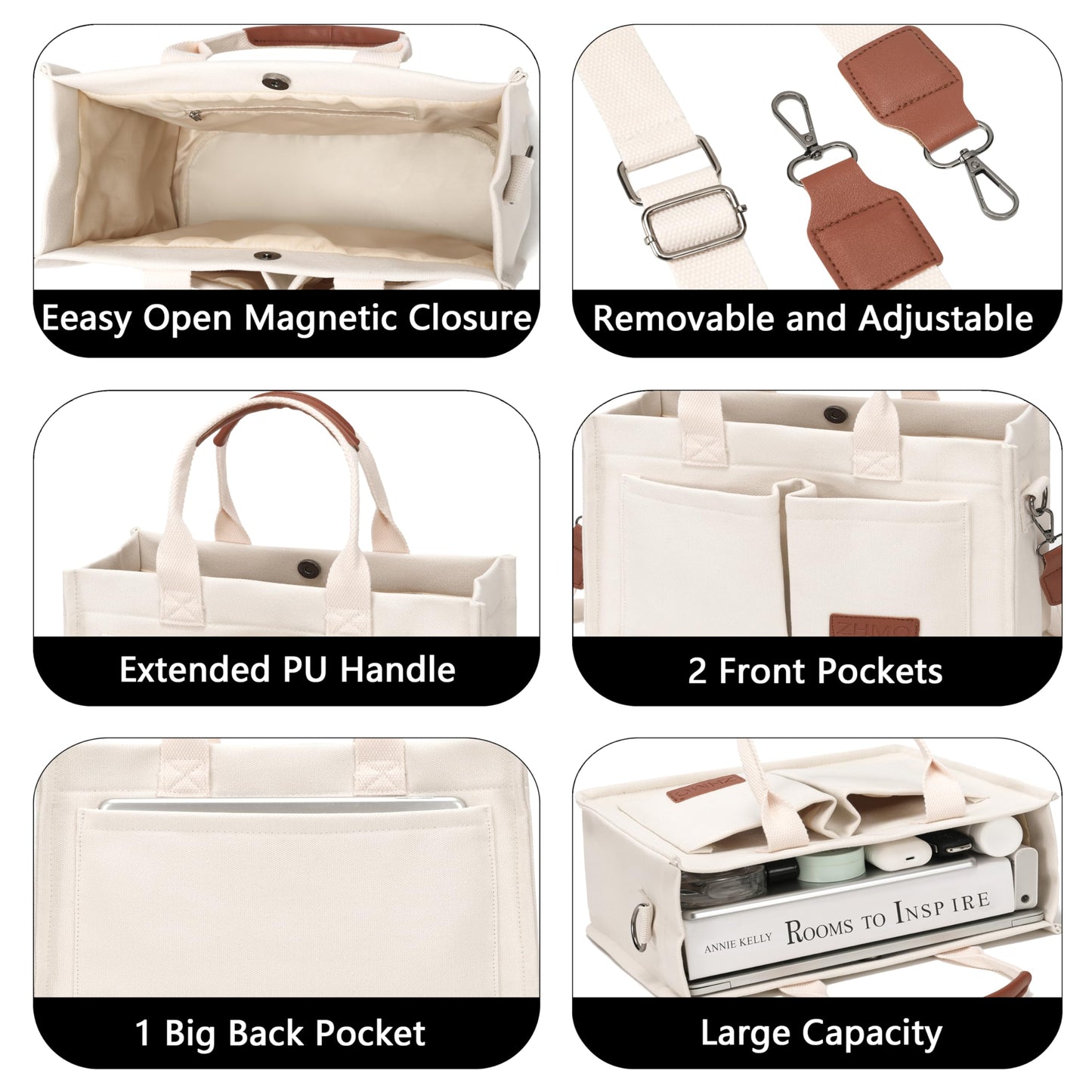 Bolsa grande de lona para mujer con bolsillos, bolso cruzado para laptop, bolso para todo el día, bolso para el trabajo, playa, gimnasio