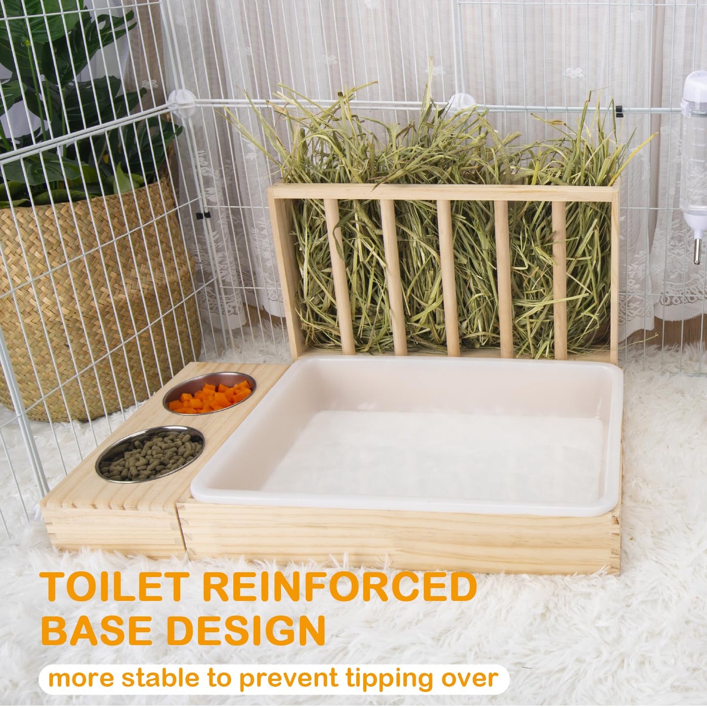 BESNEW 3 in 1 Rabbit Hay Feeder with Litter Box,Wooden Hay Feeder with 2 Bowls & Litter Box for Guinea Pig Chinchilla Bunny Other Small Animals,Large Capacity & Preventing Waste