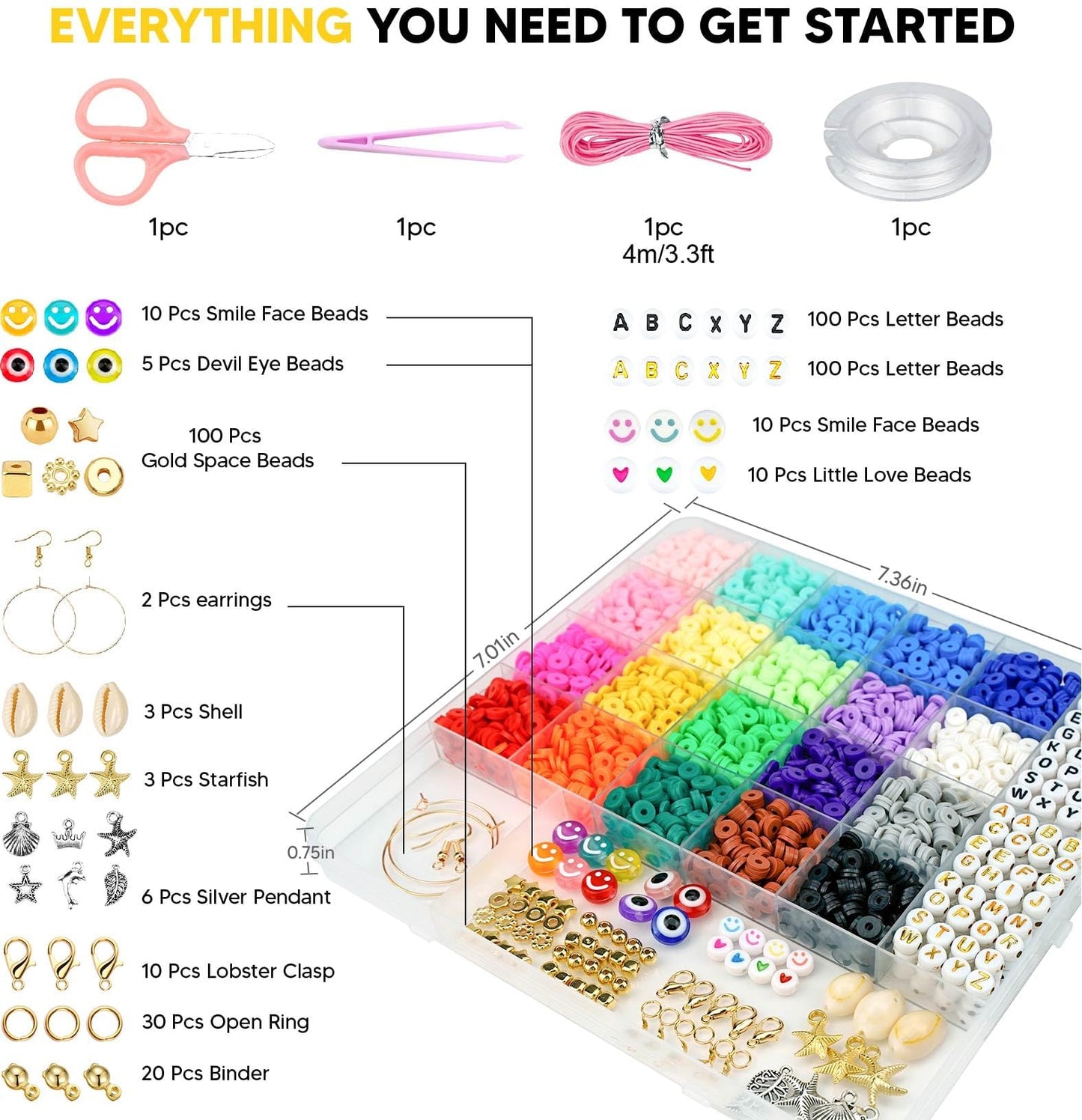 Dowsabel Kit de fabricación de pulseras de cuentas de arcilla para principiantes, 5000 piezas de cuentas de arcilla polimérica con dijes para hacer joyas, manualidades y manualidades