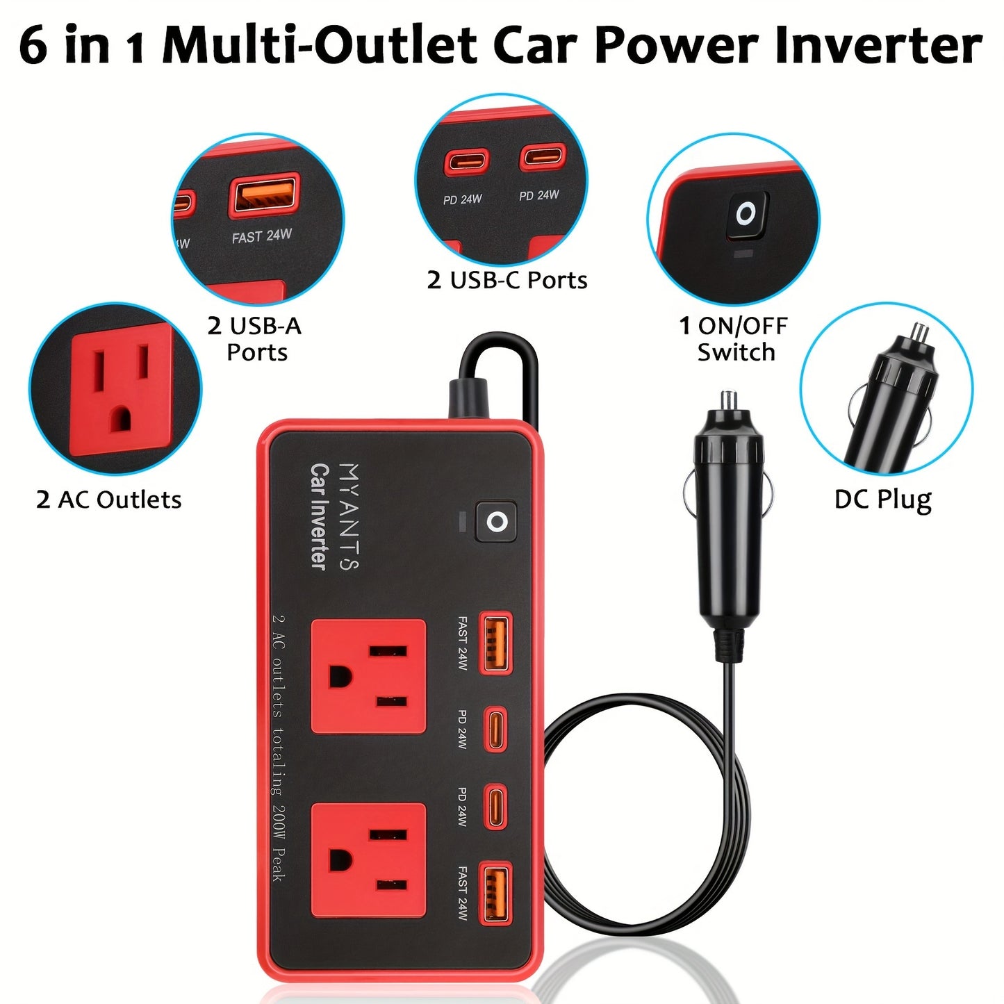 200W Car Power Inverter with 4 USB Ports, Fast Charger 12V DC to AC Converter, Type-C & QC 3.0 for Road Trips and Camping, No Battery Required, Red & Black Design, Car Charger Adapter