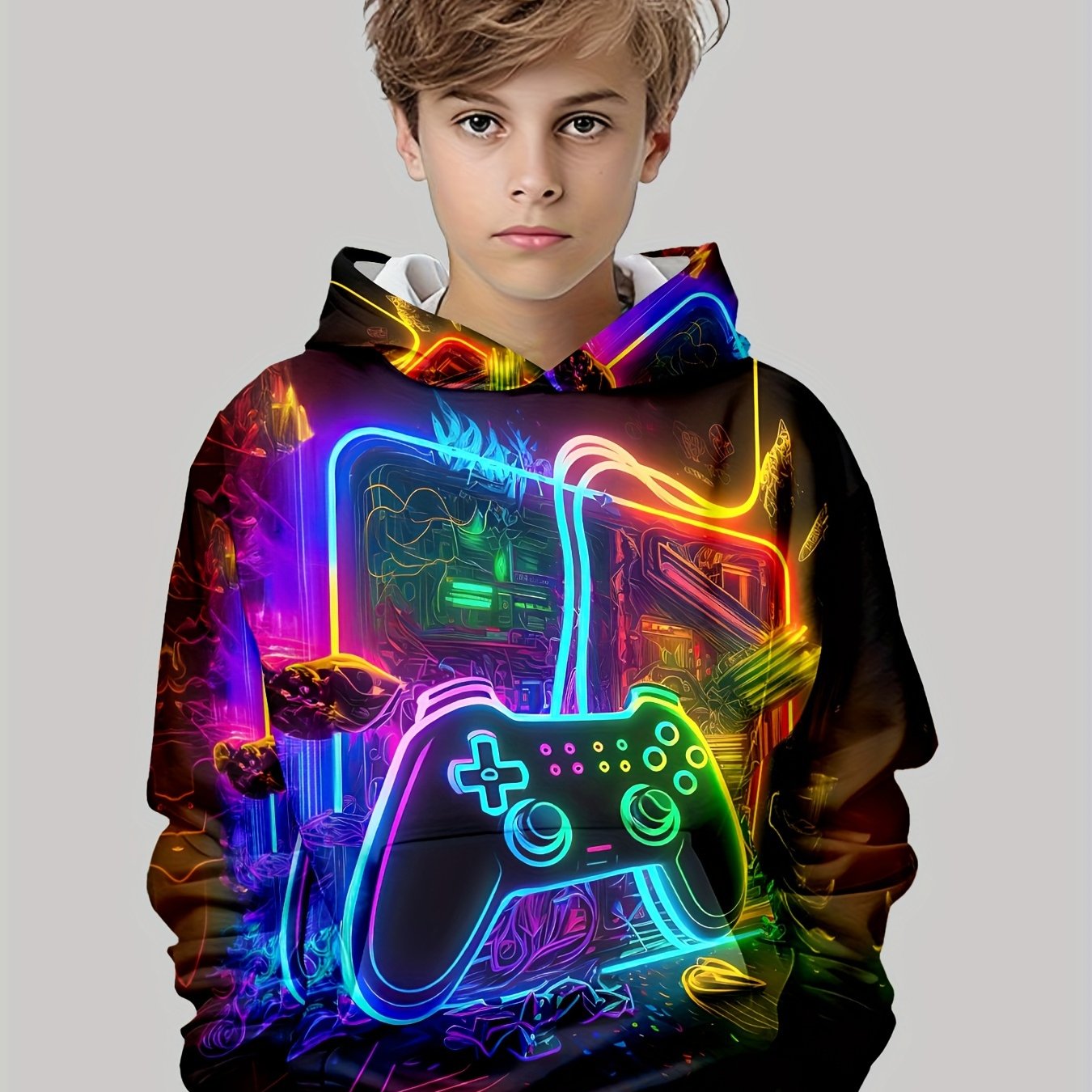 Vibrant Gamer Hoodie - Boys Long Sleeve Sweatshirt with Graphic Print, Soft Stretchy Polyester, Machine Washable, Pullover Design with Pocket for Daily Casual Wear and Outdoor Activities