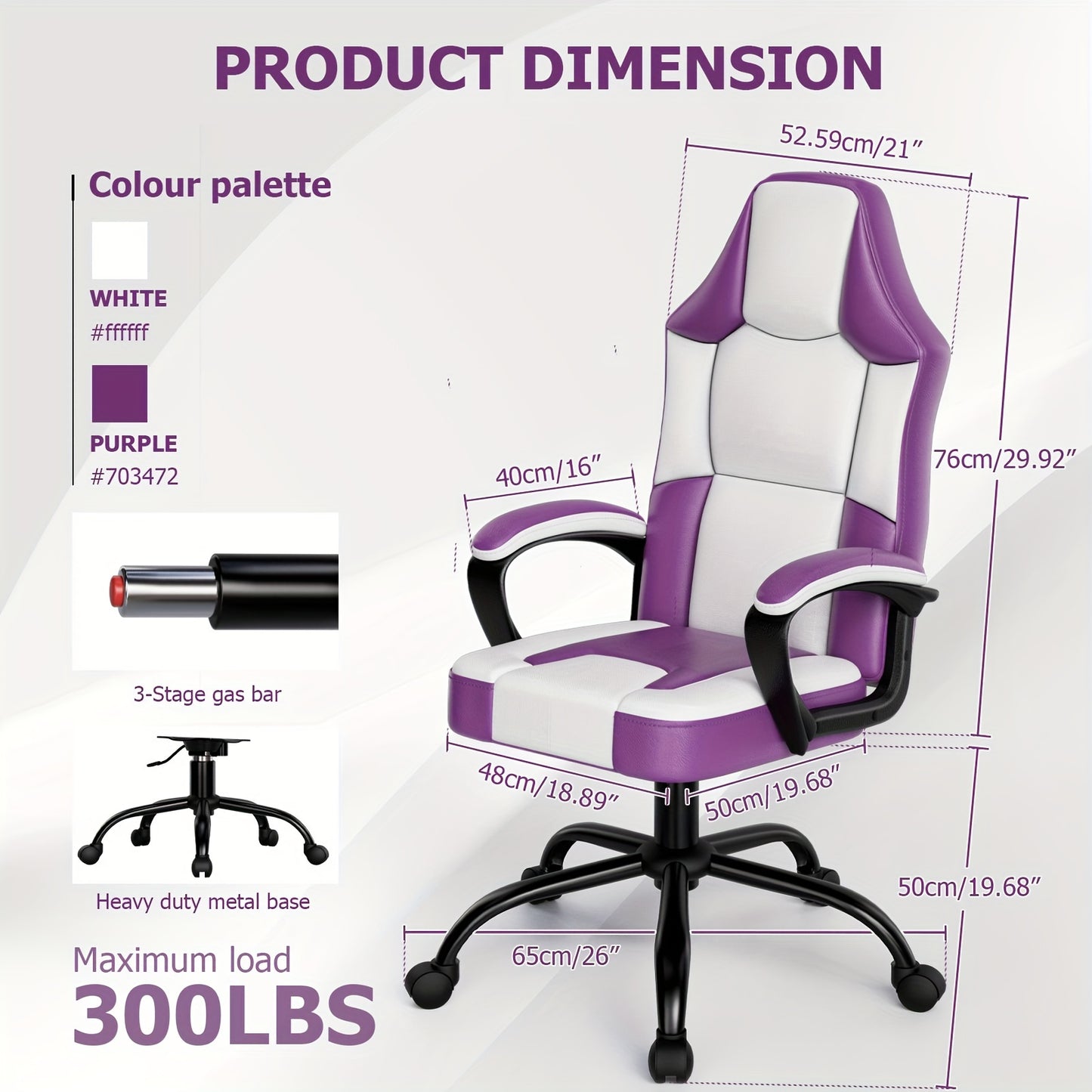 Ergonomic Gaming Chair, PU Leather Video Game Chairs for Adults, Reclining Gamer Chair Office Chair, Comfortable Computer Chair for Heavy People, Purple and White