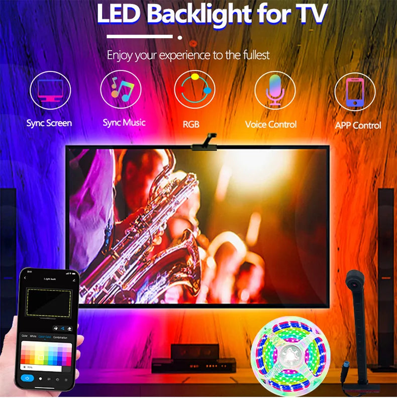 Tira de retroiluminación LED RGBIC para TV con cámara, Control por aplicación, sincronización de música, luces inteligentes para sala de juegos, iluminación ambiental de 55-75 pulgadas
