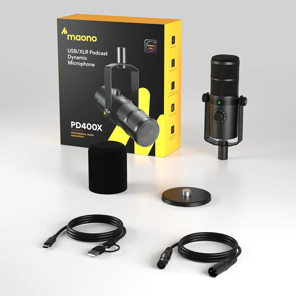 Maono USB/XLR Micrófono dinámico profesional Todo de metal con ganancia de silencio de un toque Conector para auriculares y control de volumen para Podcasting Live Streaming Youtube PD400X