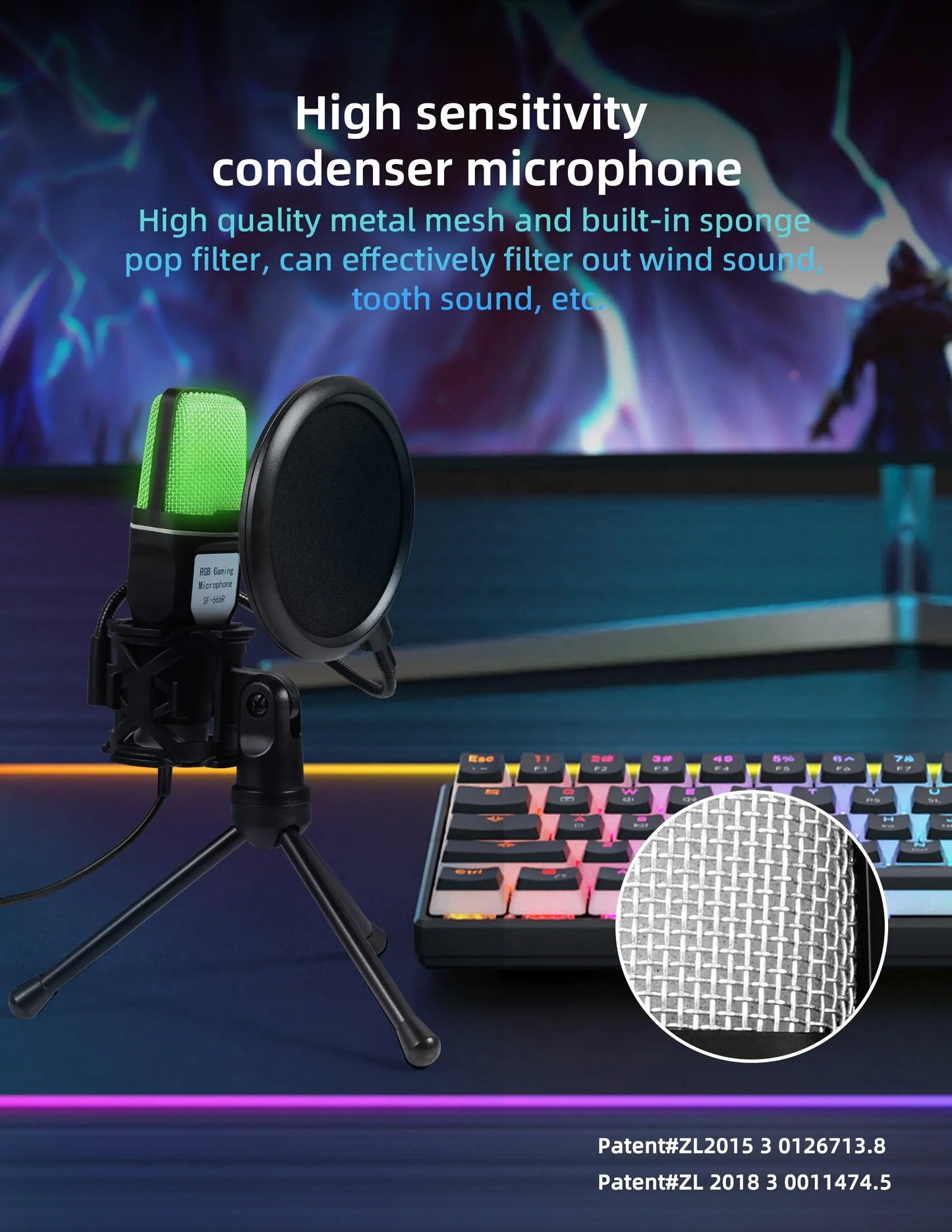 Micrófono USB portátil, micrófono RGB, condensador, micrófono para juegos con cable para estudio de grabación de Podcast, Streaming, portátil y de escritorio