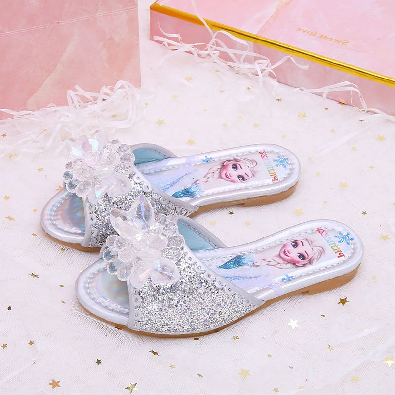 Sandalias Disney para niños, zapatillas de Frozen, zapatos de princesa Elsa a la moda, sandalias antideslizantes con flores de cristal, color azul, rosa y plateado