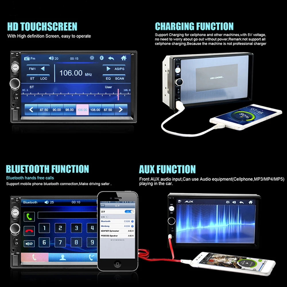 Podofo 2 din Radio de coche 7 "HD Autoradio reproductor Multimedia 2DIN pantalla táctil Auto audio estéreo de coche MP5 Bluetooth USB TF FM cámara