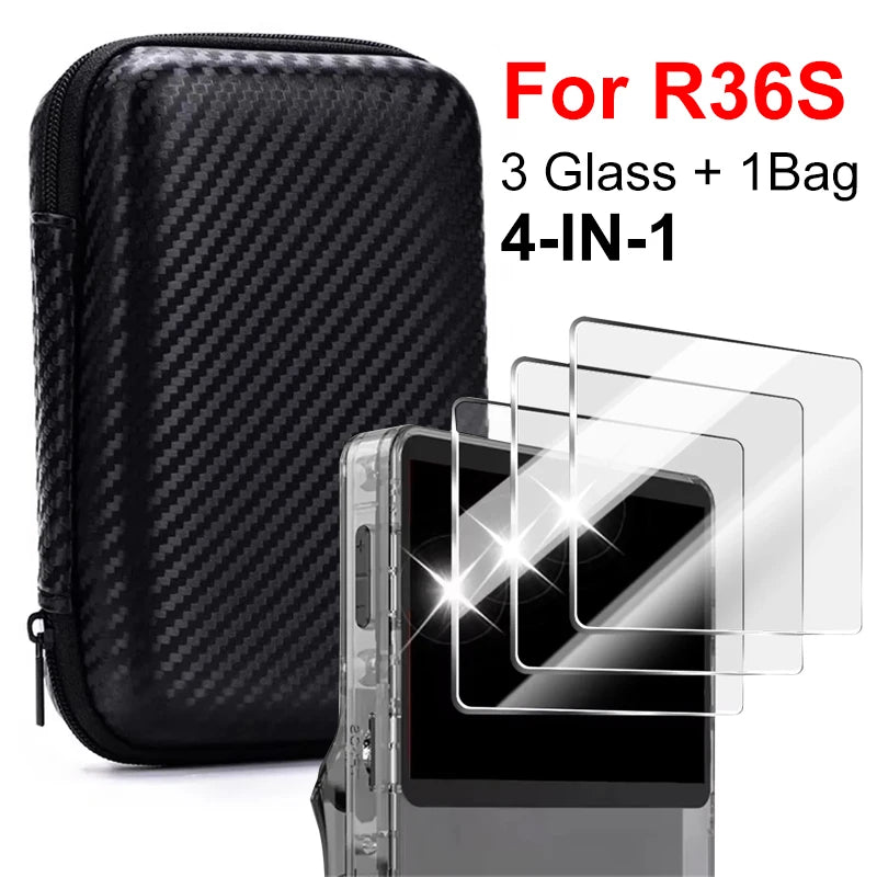 Estuche de almacenamiento 4 en 1 para consola de juegos, bolsa de transporte de viaje, protectores de pantalla, película de vidrio templado para accesorios R36S R36MAX K36