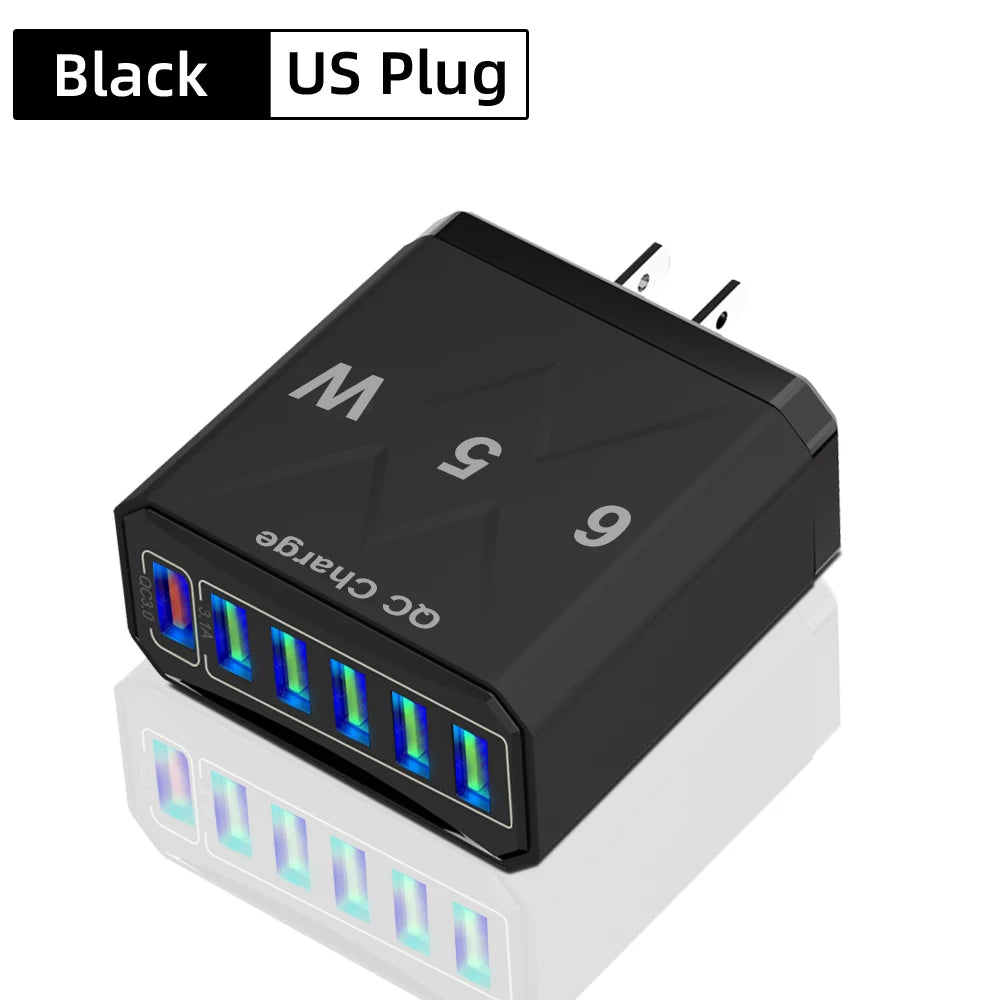 Cargador USB de 6 puertos de carga rápida, adaptador de teléfono móvil para iPhone 14, Samsung, Xiaomi, enchufe de la UE, KR, EE. UU., Reino Unido, 65W, QC3.0