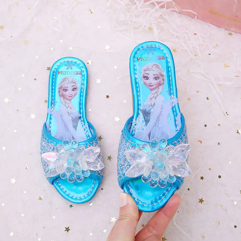 Sandalias Disney para niños, zapatillas de Frozen, zapatos de princesa Elsa a la moda, sandalias antideslizantes con flores de cristal, color azul, rosa y plateado