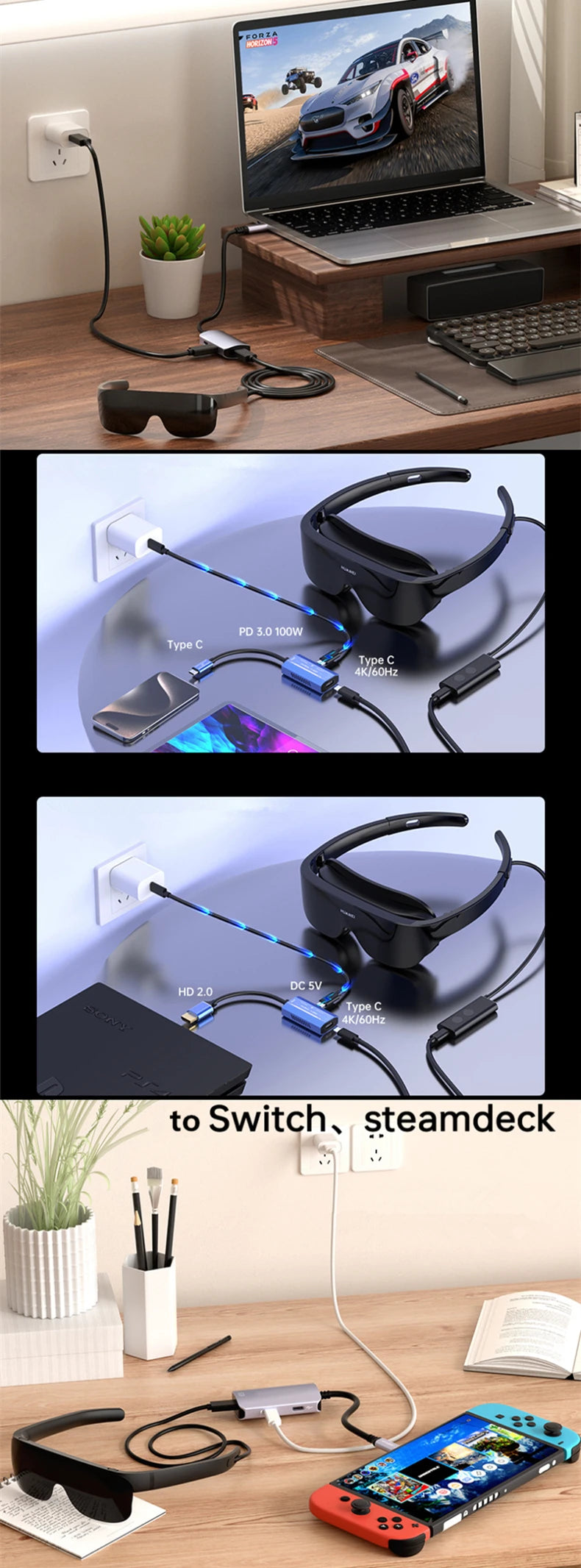 AR Glasses Hub sin costuras multidispositivo tipo C adaptador de carga compatible con HDMI para Xreal Beam Viture Rokid Station Rayneo XR USB-C