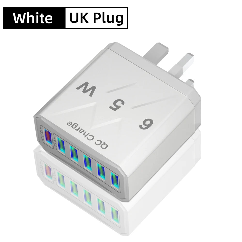 Cargador USB de 6 puertos de carga rápida, adaptador de teléfono móvil para iPhone 14, Samsung, Xiaomi, enchufe de la UE, KR, EE. UU., Reino Unido, 65W, QC3.0