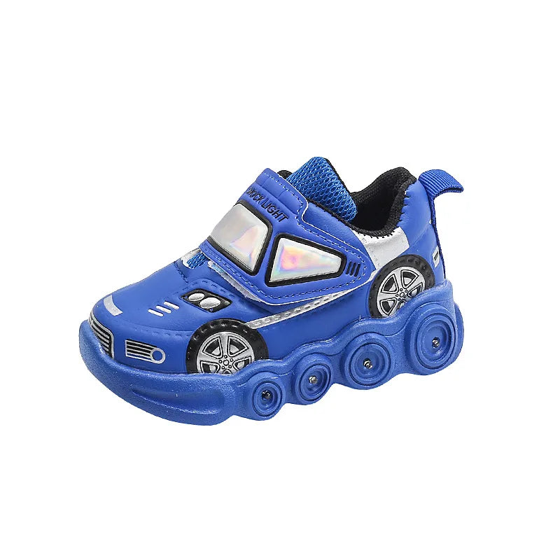 Diseny, zapatos informales para niños, zapatos de primavera de cuero PU con dibujos animados para Club de coches con luz Led para niños, zapatos antideslizantes rojos y azules, talla 21-30