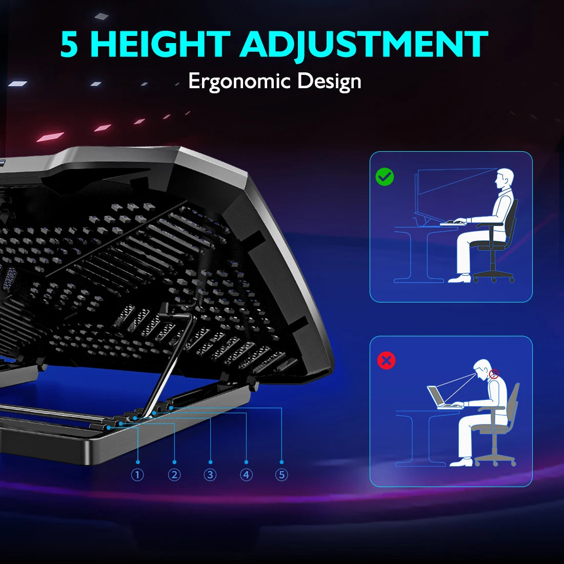 COOLCOOLD Almohadilla de enfriamiento para computadora portátil para soporte enfriador para computadora portátil de 12-17 pulgadas, 5 ventiladores silenciosos, 5 ángulos ajustables con soporte para teléfono