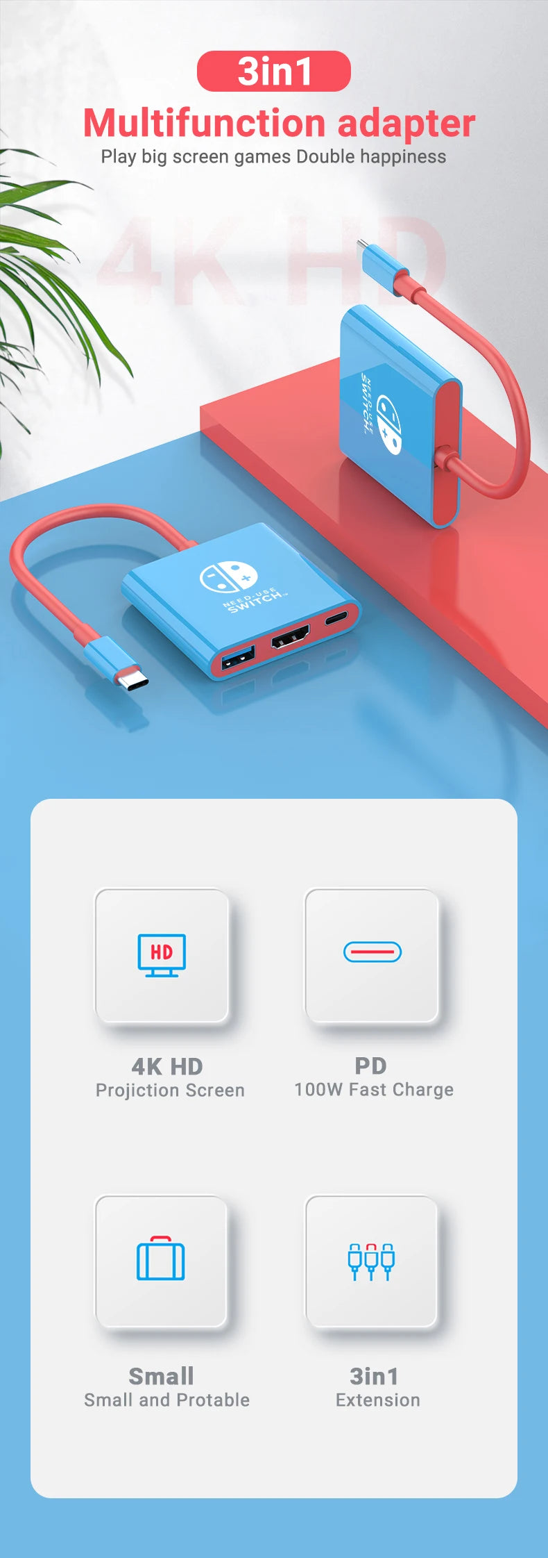 Estación de acoplamiento para juegos portátil Hub TYPE-C con HDMI y USB 3.0 Perfecto para viajes y juegos