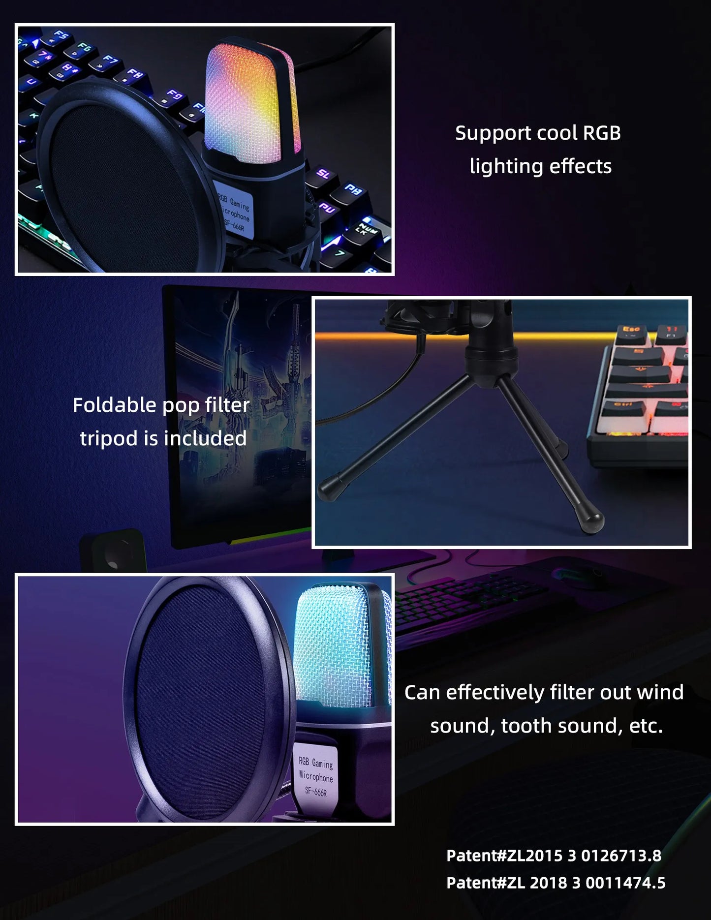 Micrófono USB portátil, micrófono RGB, condensador, micrófono para juegos con cable para estudio de grabación de Podcast, Streaming, portátil y de escritorio