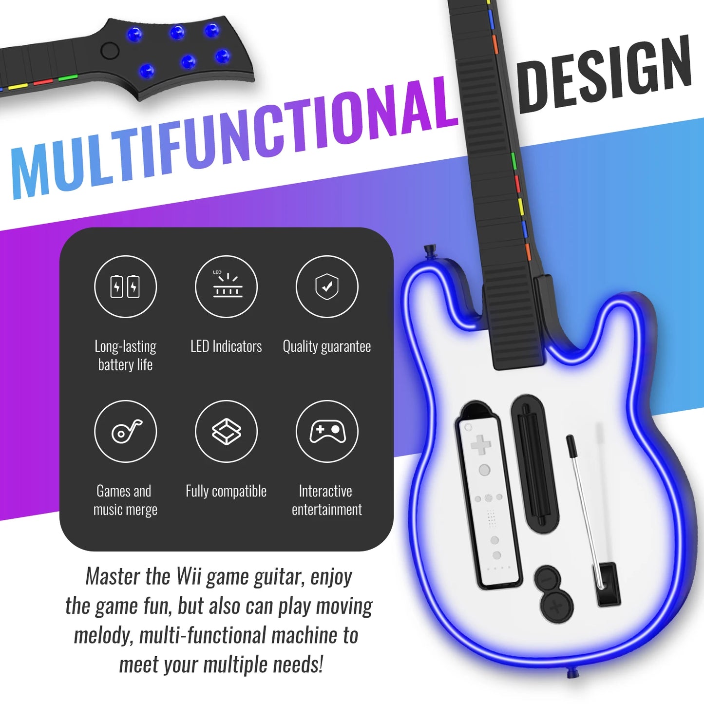 Consola Wii Controlador de guitarra inalámbrico Consola Wii Guitarra para juegos de banda de rock con luces RGB