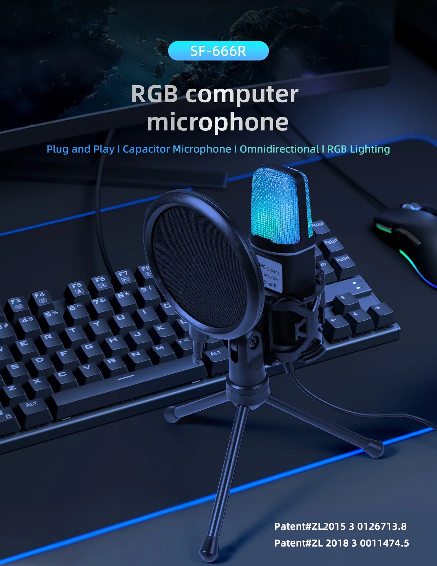 Micrófono USB portátil, micrófono RGB, condensador, micrófono para juegos con cable para estudio de grabación de Podcast, Streaming, portátil y de escritorio