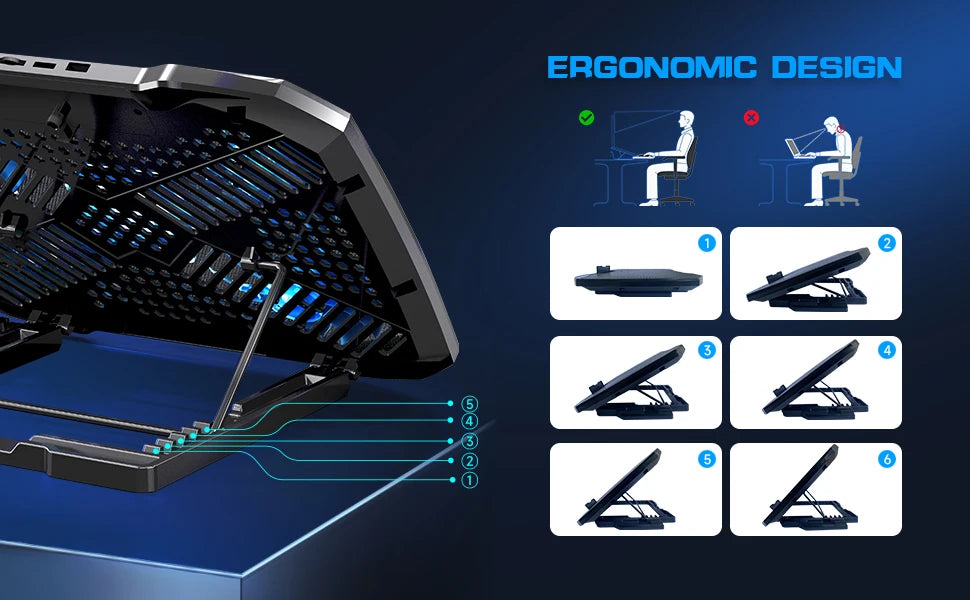 COOLCOOLD Almohadilla de enfriamiento para computadora portátil para soporte enfriador para computadora portátil de 12-17 pulgadas, 5 ventiladores silenciosos, 5 ángulos ajustables con soporte para teléfono