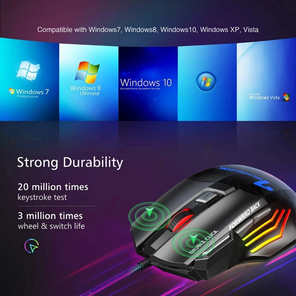 Ratón para juegos por cable, ratón de ordenador para Gamer, ratón ergonómico retroiluminado RGB, retroiluminación silenciosa, ratón LED de 7 botones, ratón USB para PC de escritorio