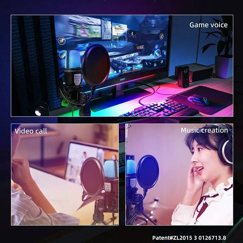 Micrófono USB portátil, micrófono RGB, condensador, micrófono para juegos con cable para estudio de grabación de Podcast, Streaming, portátil y de escritorio