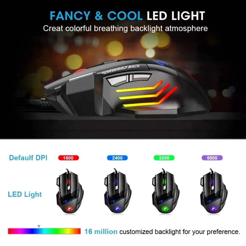 Ratón para juegos por cable, ratón de ordenador para Gamer, ratón ergonómico retroiluminado RGB, retroiluminación silenciosa, ratón LED de 7 botones, ratón USB para PC de escritorio