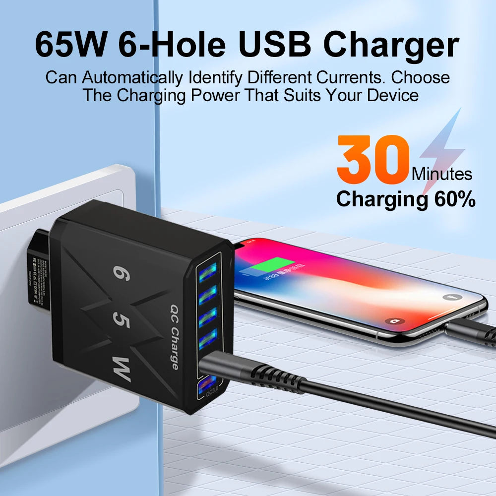Cargador USB de 6 puertos de carga rápida, adaptador de teléfono móvil para iPhone 14, Samsung, Xiaomi, enchufe de la UE, KR, EE. UU., Reino Unido, 65W, QC3.0