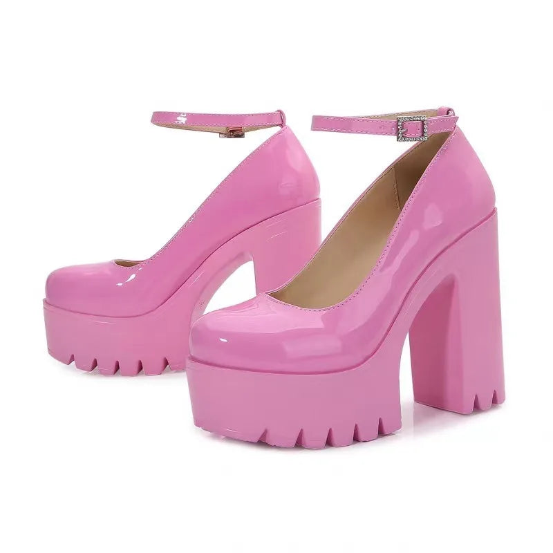 Zapatos sexis de suela gruesa para mujer, tacones altos de 14CM, hebilla de moda europea americana, tacones de plataforma para mujer, zapatos de novia