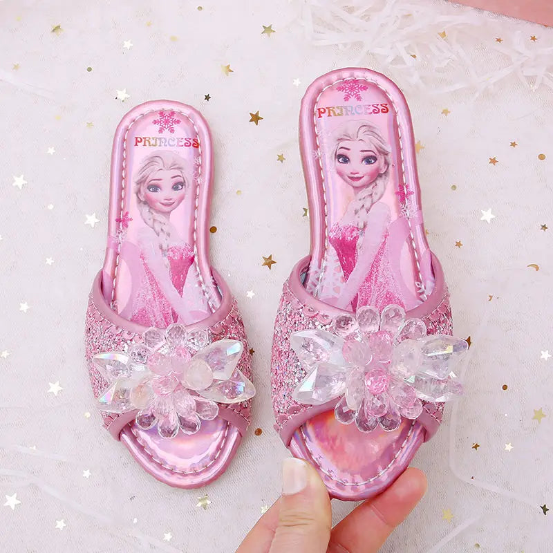 Sandalias Disney para niños, zapatillas de Frozen, zapatos de princesa Elsa a la moda, sandalias antideslizantes con flores de cristal, color azul, rosa y plateado