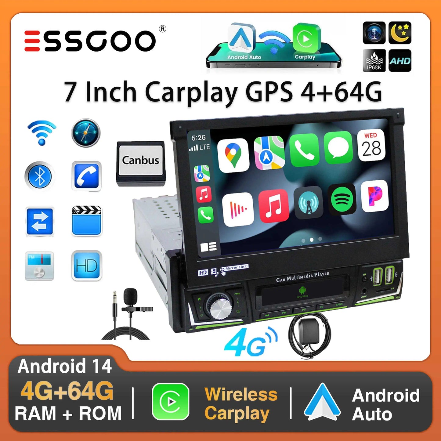 Radio de coche ESSGOO 7 pulgadas 1 DIN Flip-Out, 4+64 GB, Carplay inalámbrico, Android Auto, Bluetooth, pantalla táctil, Android 14, reproductor MP5, unidad principal, SWC, GPS, cámara.