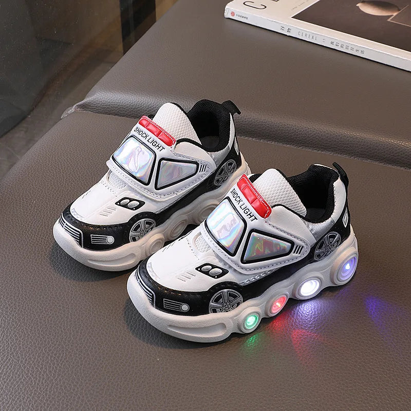 Diseny, zapatos informales para niños, zapatos de primavera de cuero PU con dibujos animados para Club de coches con luz Led para niños, zapatos antideslizantes rojos y azules, talla 21-30