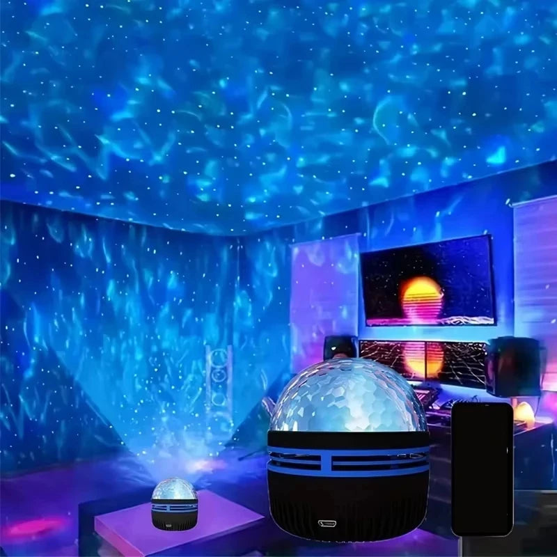 Proyector de galaxia con ondas de agua LED, luz RGB con Control remoto inteligente, lámpara de estrella Aurora, KTV, alimentado por USB, rotación automática, para el hogar y el dormitorio