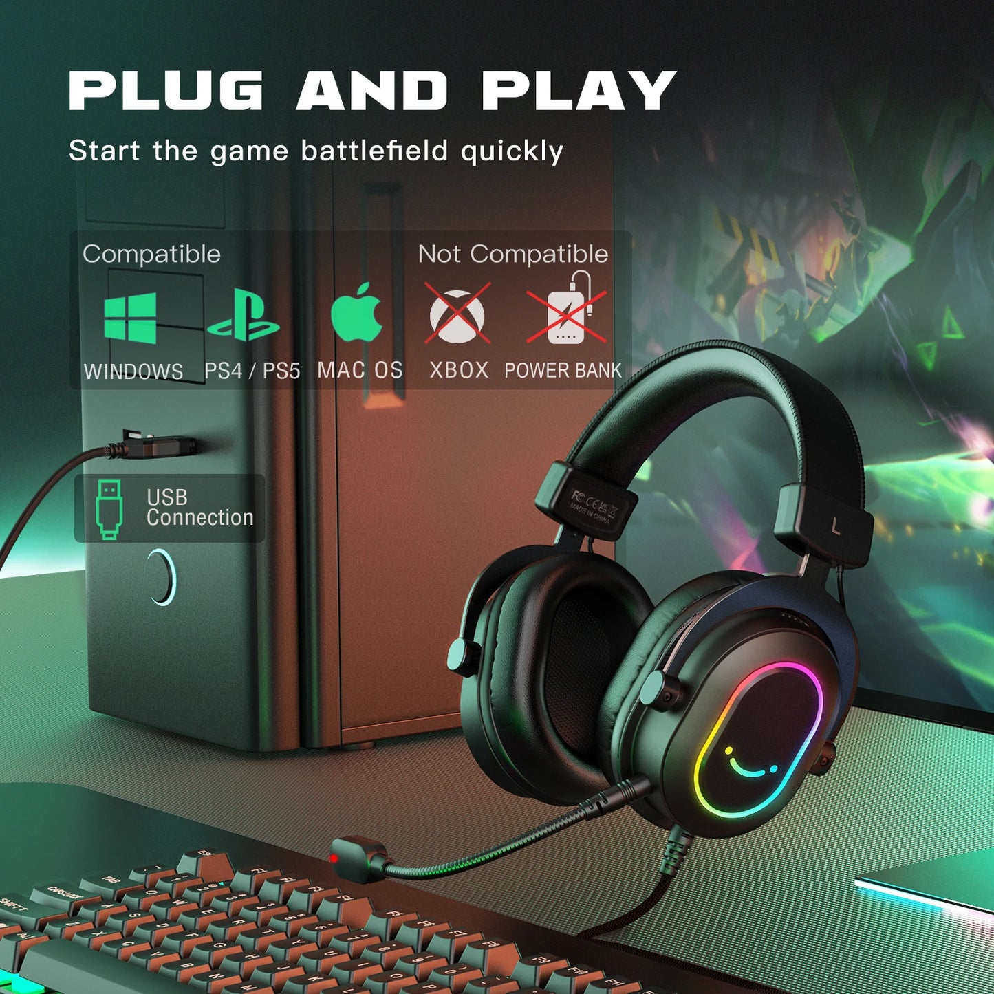 Fifine-auriculares dinámicos RGB para videojuegos, cascos supraaurales con micrófono, sonido envolvente 7,1, PC, PS4, PS5, 3 opciones EQ, juego, película, música