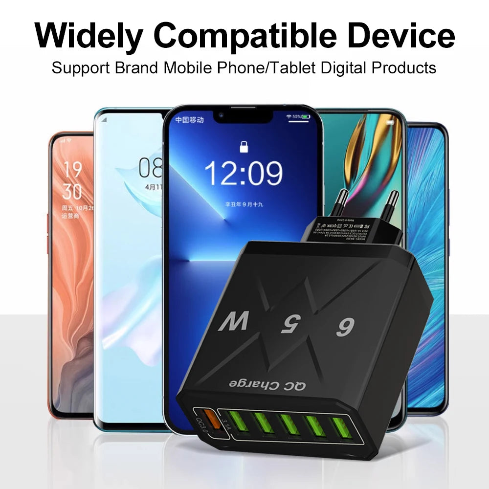 Cargador USB de 6 puertos de carga rápida, adaptador de teléfono móvil para iPhone 14, Samsung, Xiaomi, enchufe de la UE, KR, EE. UU., Reino Unido, 65W, QC3.0