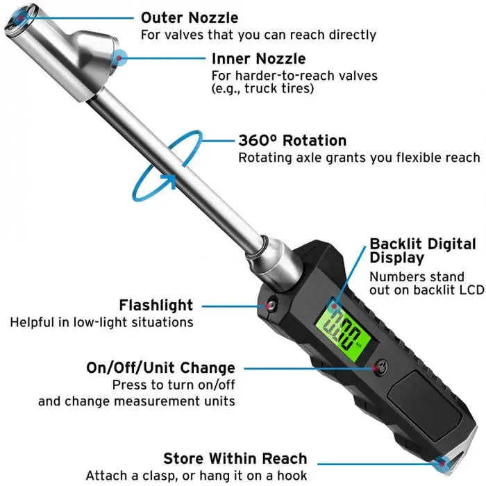 Manómetro digital de neumáticos 230 PSI 4 configuraciones resistente antideslizante con linterna LCD retroiluminada para camión/coche/bicicleta/motocicletas