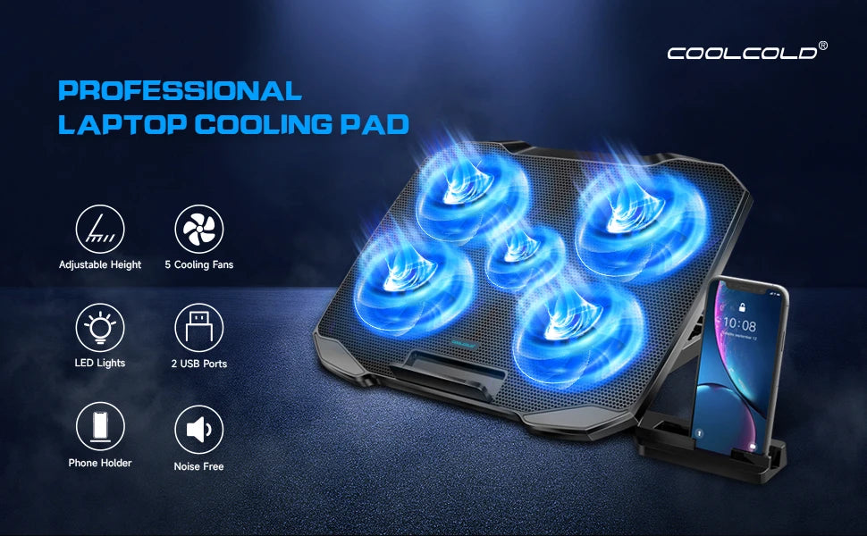 COOLCOOLD Almohadilla de enfriamiento para computadora portátil para soporte enfriador para computadora portátil de 12-17 pulgadas, 5 ventiladores silenciosos, 5 ángulos ajustables con soporte para teléfono