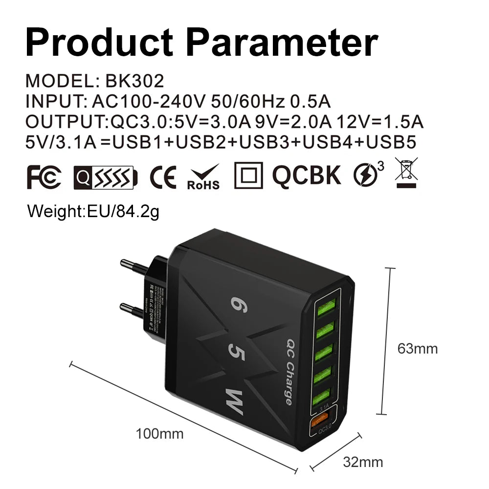 Cargador USB de 6 puertos de carga rápida, adaptador de teléfono móvil para iPhone 14, Samsung, Xiaomi, enchufe de la UE, KR, EE. UU., Reino Unido, 65W, QC3.0