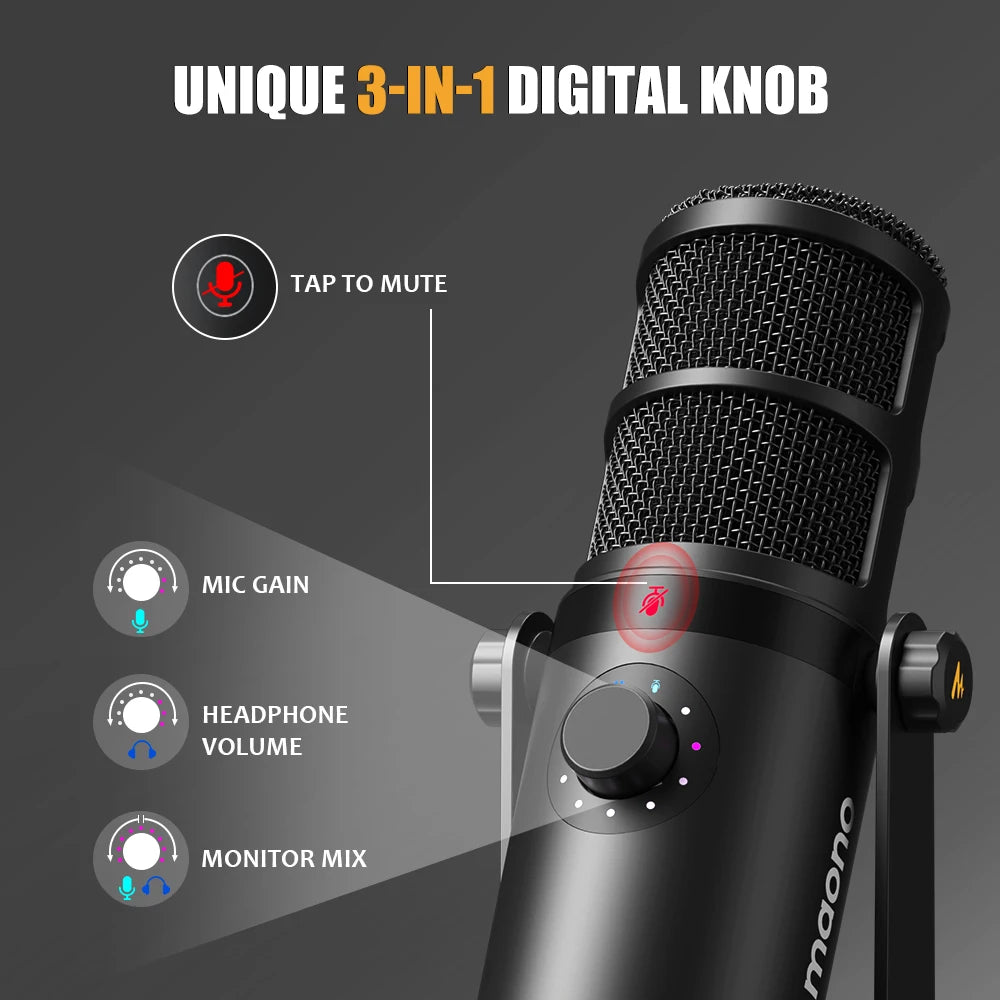 Maono USB/XLR Micrófono dinámico profesional Todo de metal con ganancia de silencio de un toque Conector para auriculares y control de volumen para Podcasting Live Streaming Youtube PD400X