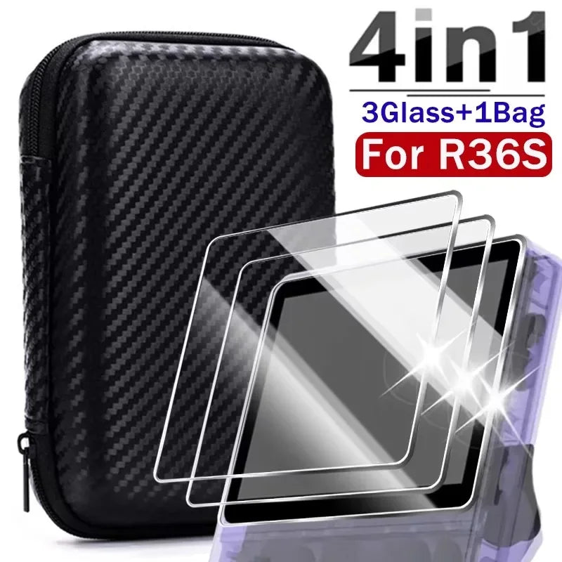 Estuche de almacenamiento 4 en 1 para consola de juegos, bolsa de transporte de viaje, protectores de pantalla, película de vidrio templado para accesorios R36S R36MAX K36
