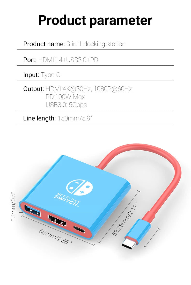 Estación de acoplamiento para juegos portátil Hub TYPE-C con HDMI y USB 3.0 Perfecto para viajes y juegos