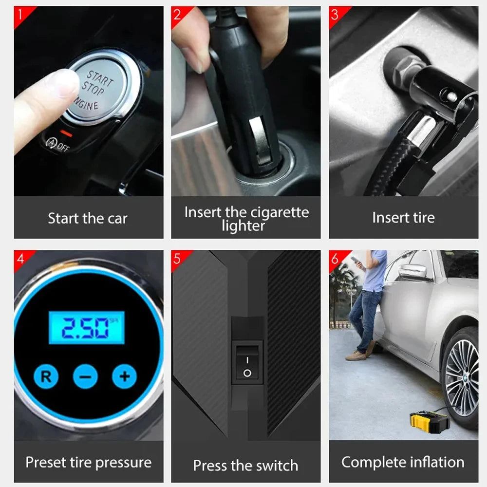 Bomba de compresor de neumáticos de aire portátil para coche, lámpara de luz LED Digital, Inflador de neumáticos, bomba de compresión, compresor para motocicleta