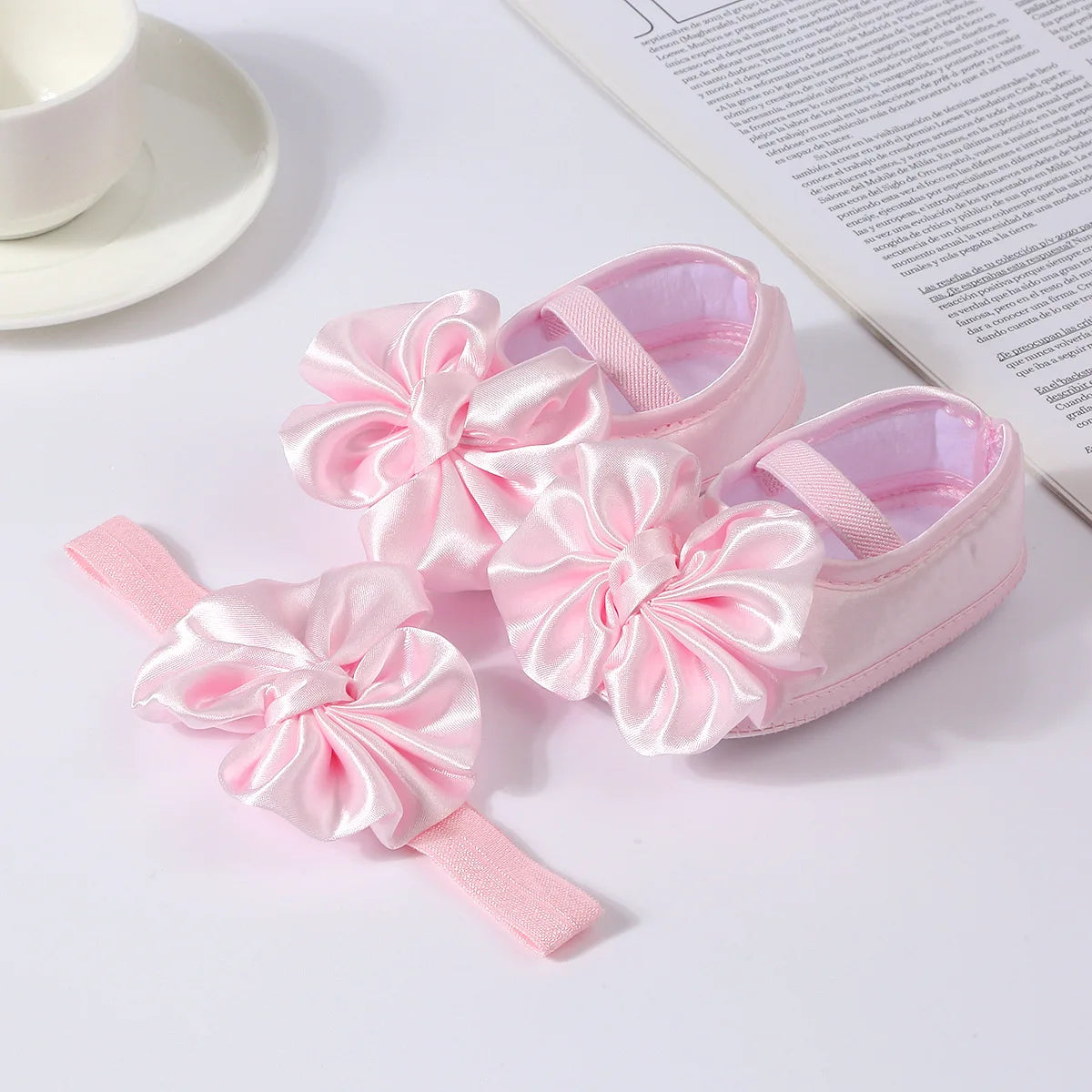 1 Juego de zapatos antideslizantes con lazo grande para bebé, diadema para recién nacido, zapatos para antes de caminar, calcetines de suelo sólidos, calcetines para niñas y niños, tocados