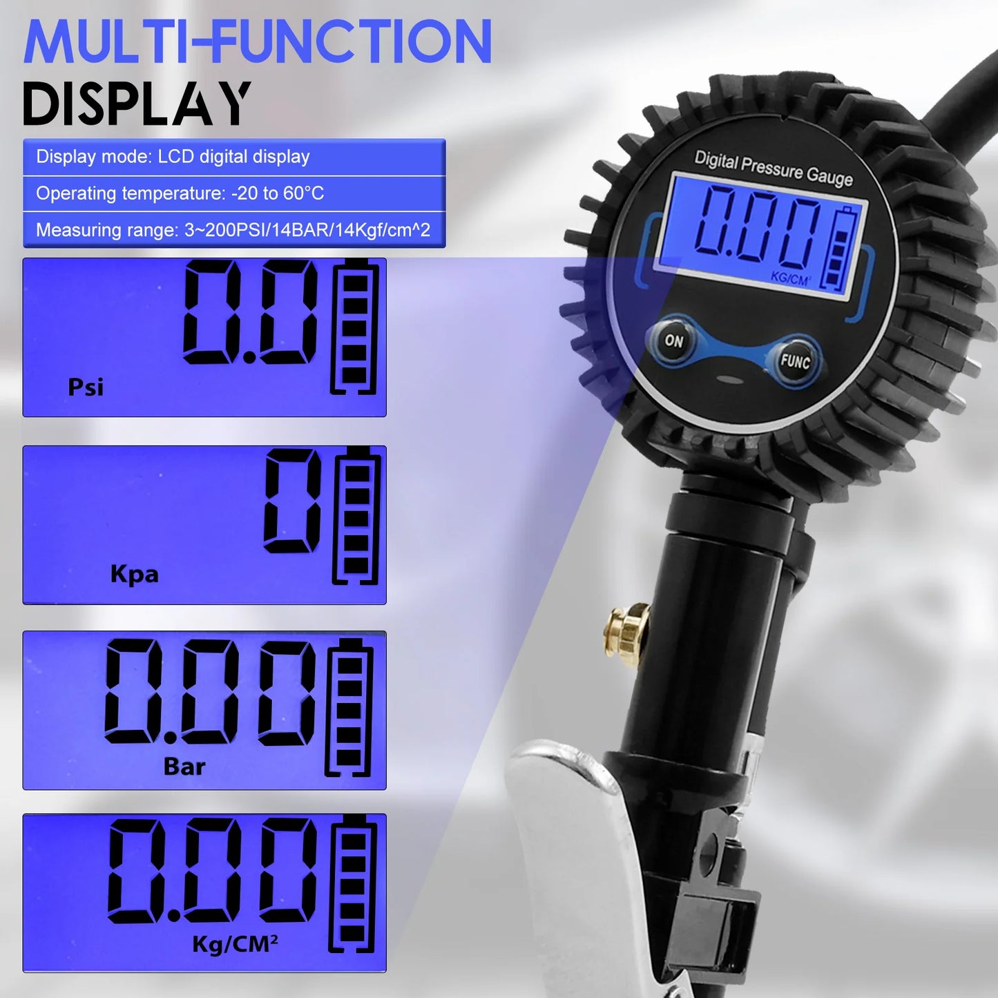 Inflador de neumáticos Digital, medidor de presión de neumáticos, pantalla LCD versátil, inflador de neumáticos con función de retroiluminación para coche, camión, motocicleta