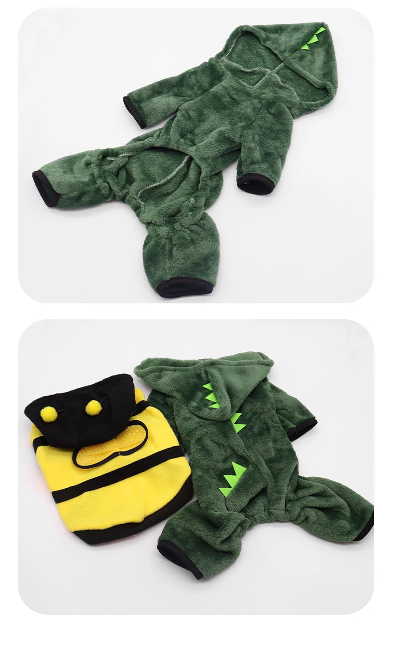 Ropa de Halloween para perros y gatos, disfraz divertido de dinosaurio para perros pequeños, abrigo cálido de invierno para gatos, sudaderas con capucha de lana